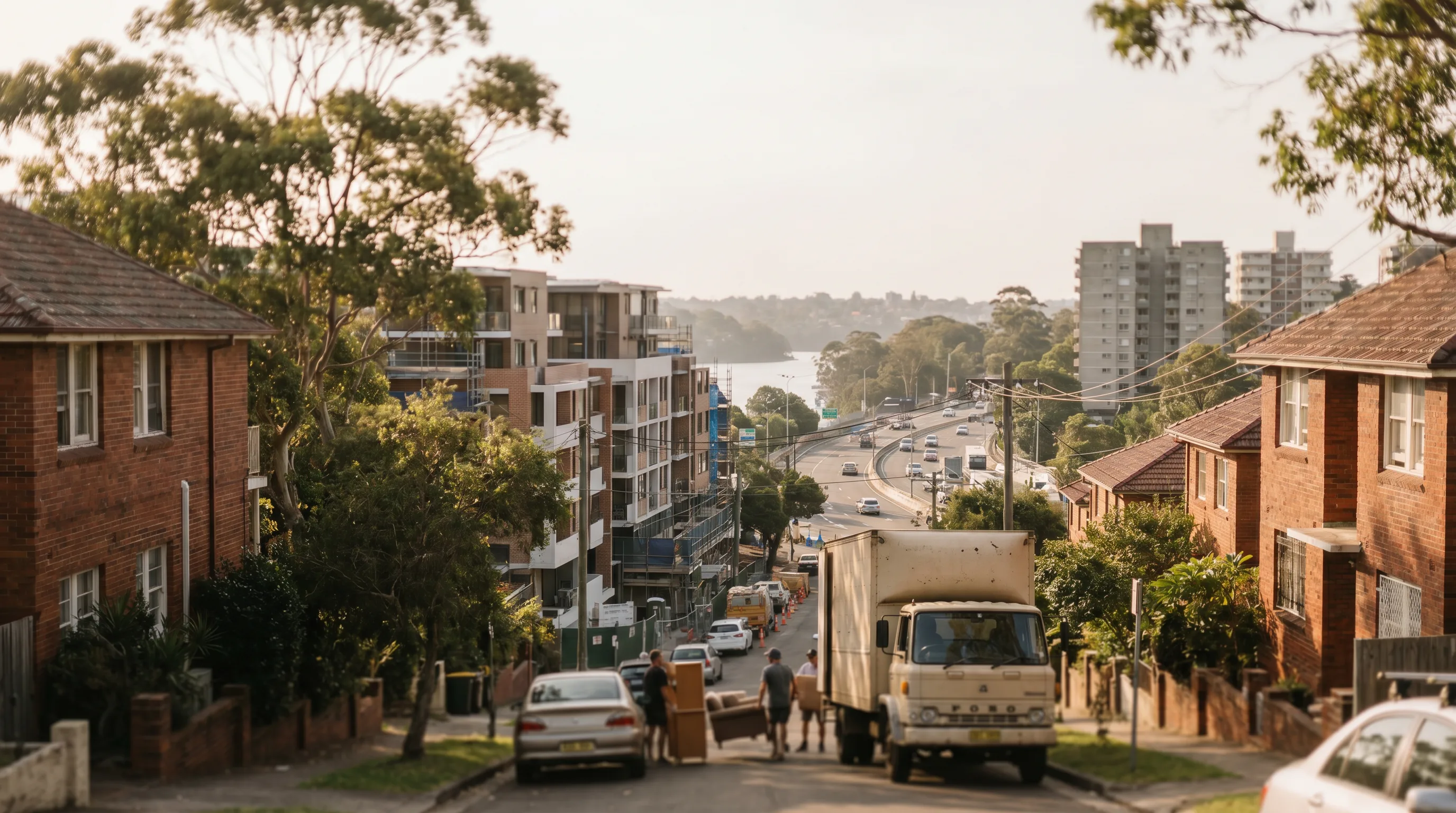 A street in Gladesville, Northern Districts, with a removal truck