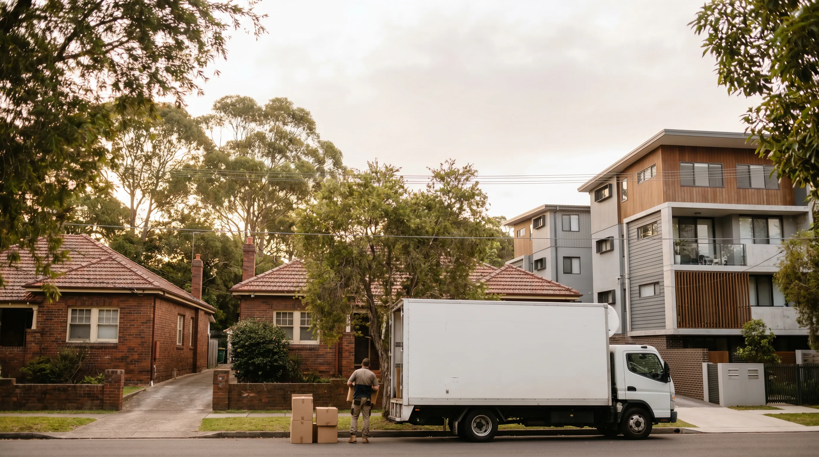 A street in Marsfield, Northern Districts, with a removal truck